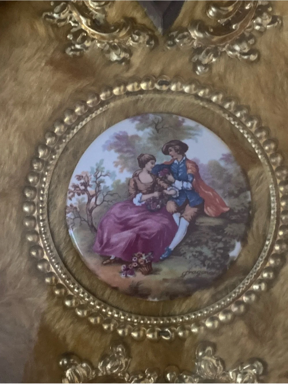Fragonard Signed Diamond Shaped Wall Plaque of Courting Couple on Porcelain
